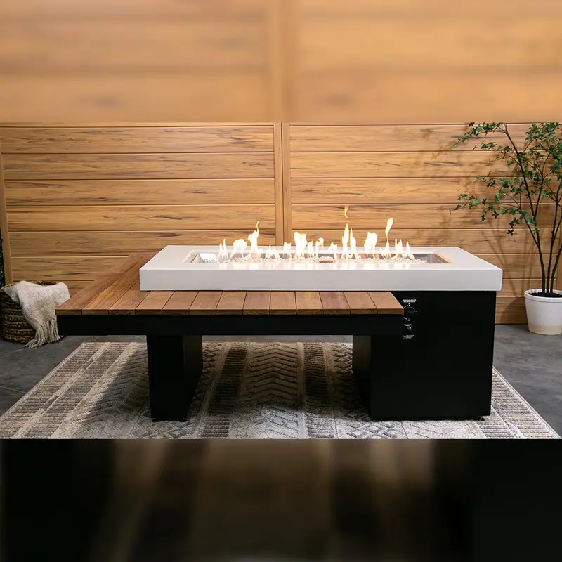 Uptown Iroko Linear Gas Fire Pit Table – Teak-Grain Outdoor Fire Feature 1